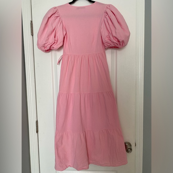 Pink puff sleeve tiered midi wrap dress - Picture 3 of 8